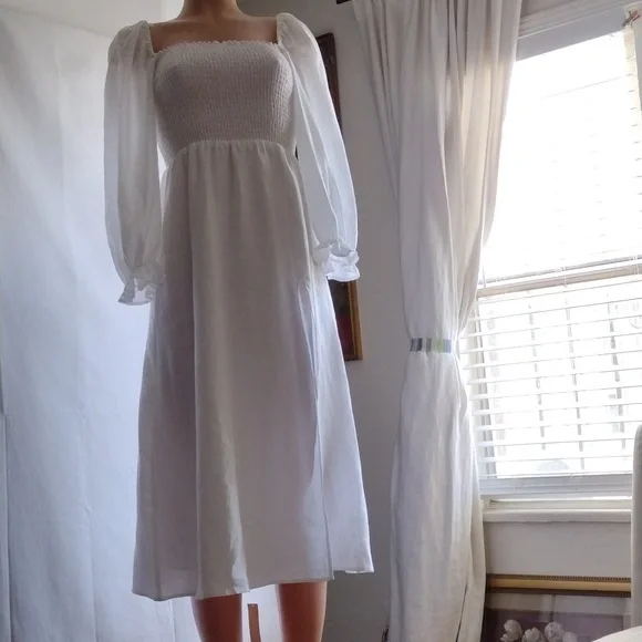 knee length dresses for ladies Petite Amalie Off White Heirloom Embroidered Linen Dress – Ladida